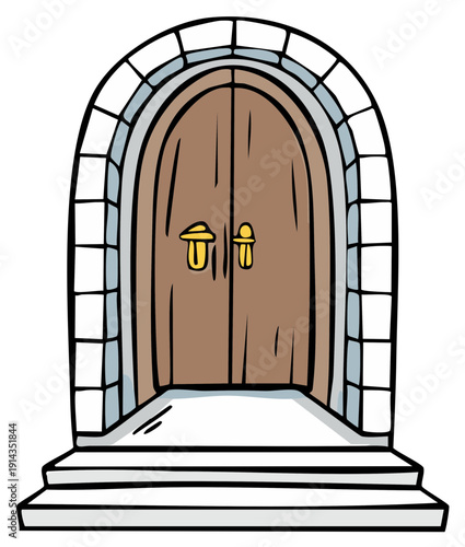 Cartoon illustration of an old medieval wooden door with a stone archway and steps