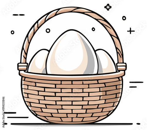 Illustration of a basket filled with white eggs, cartoon style