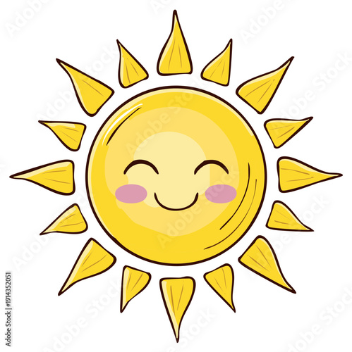 Cute happy sun with rosy cheeks and smiling face radiates warmth and joy