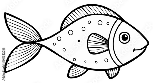 Fish Illustration for Coloring Books. Fish with Patterned Body and Fins. Aquatic Animal Outline Drawing