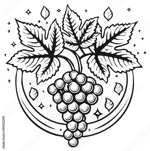 Grapes with leaves artistic black and white illustration. Bunch of grapes vector drawing. Vineyard harvest clip art.