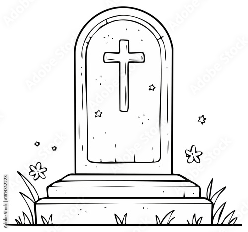 Simple outline drawing of a tombstone with a cross and flowers in a graveyard