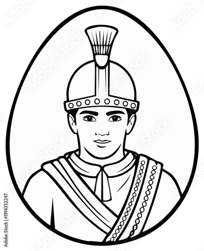 Historical figure portrait in oval frame, ancient warrior illustration
