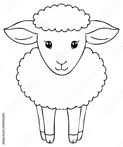 Outline drawing of a cute sheep, front view. Simple black and white illustration.