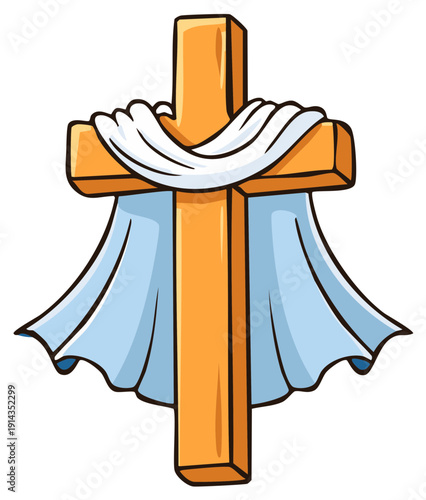 Cartoon wooden cross with white and light blue draping cloth.