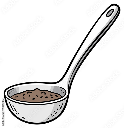 Cartoon style kitchen ladle filled with brown granular food or sauce illustration.