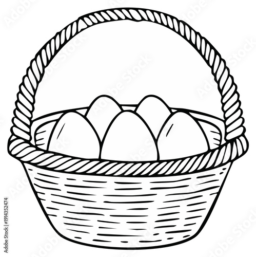 Woven Easter Basket Overflowing with Decorative Eggs Black and White Line Art