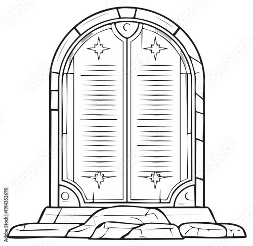 Arched Stone Doorway Portal Illustration Featuring Celestial Stars and Crescent Moon in a Gothic Architectural Style
