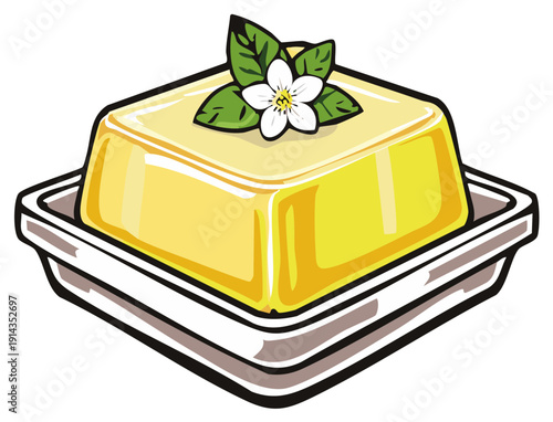 Yellow dessert with flower and leaves in a white square serving dish, top view