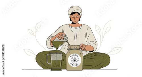 Woman Preparing Herbal Tea, Healthy Lifestyle, Peaceful Ritual, Botanical Illustration