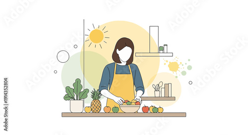 Woman preparing healthy salad in kitchen with fresh fruits and vegetables, sunny day