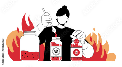 Woman Preparing Spicy Sauce in Jars Surrounded by Flames