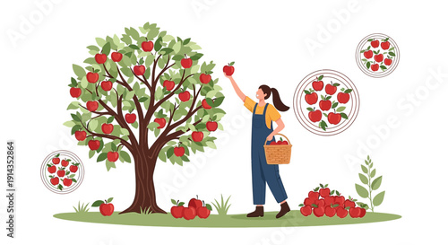 Woman Picking Ripe Apples from Tree - Autumn Harvest Season Illustration