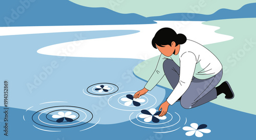 Woman Placing Flowers on Water, Serene Nature Scene, Calm Ripples, Blue Landscape