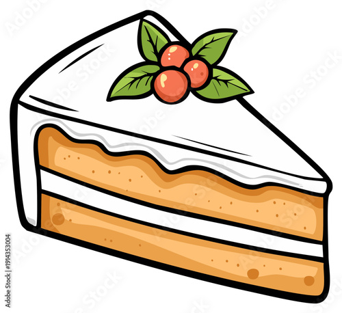 Festive Slice of Layered Cake with White Icing and Berries Cartoon Illustration