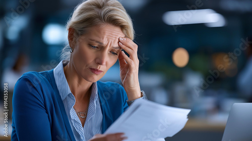 Hands reading document with worried expression shown upset businesswoman reviewing paperwork with concern professional environment with troubling information visible office