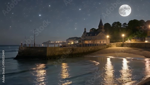 A nocturnal scene of a coastal docking area with its lights shimmering upon the water's surface