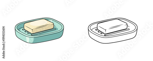 Soap bar in a soap dish shown in colored cartoon and black outline styles with clean aesthetic representing bathroom hygiene isolated on white background