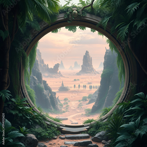 Overgrown Stargate in a jungle, gateway to an alien desert with strange rock formations and distant glowing cities