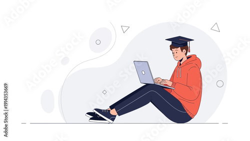 Student Learning Online With Laptop and Graduation Cap