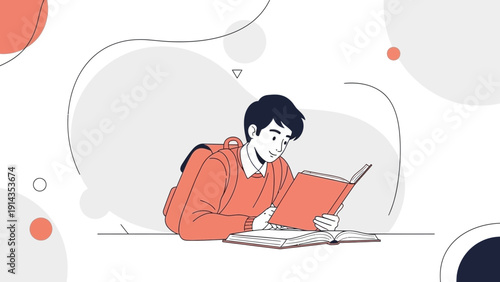 Young Student Reading Books with Backpack, Education Concept