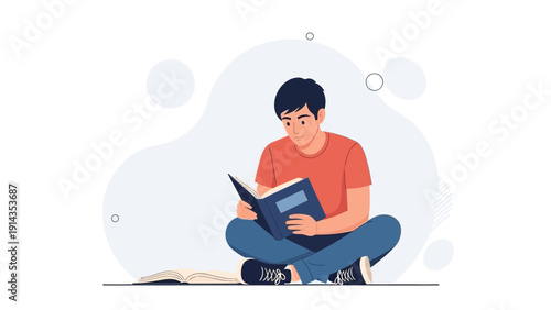 Young man sitting cross-legged reading a book, illustration