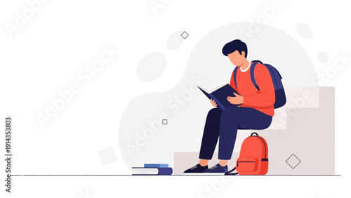 Student reading a book on steps with backpack, education concept