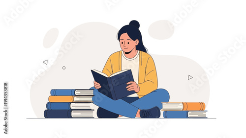Young Woman Reading Book Surrounded by Stacks of Literature