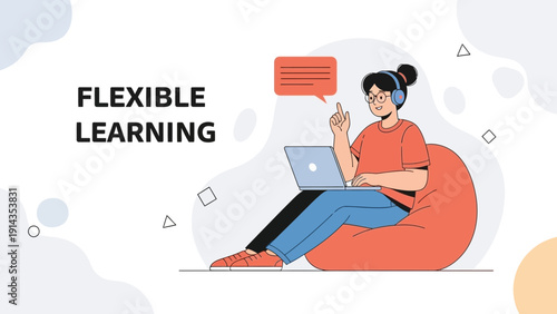 Student with laptop and headphones studying remotely on beanbag chair, flexible learning