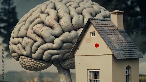 A conceptual illustration of the human mind connected to a dwelling structure featuring a highlighted point on the residence