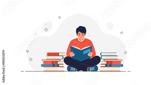 Young man reading book sitting in lotus pose surrounded by stacks of books