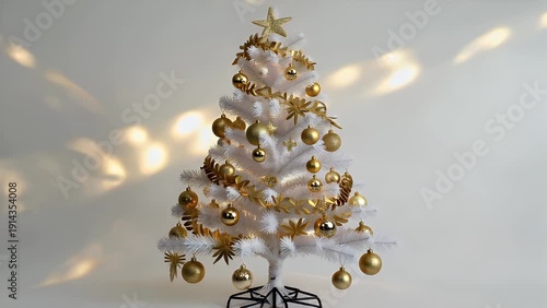 A Festive Evergreen Displayed on a Plain Background Featuring a Distinct Shadow and Mirrored Image