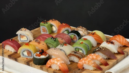 An assortment of vibrantly colored sushi pieces arranged artistically on a table against a stark black background, showcasing a variety of rolls and nigiri