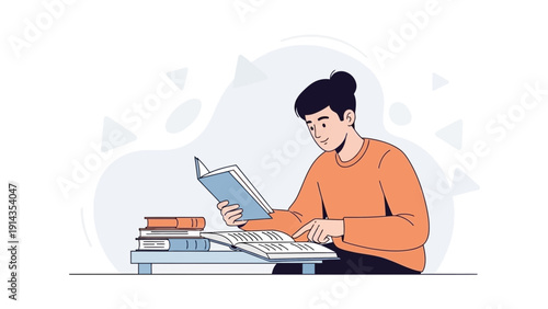 Young man reading a book at a desk, surrounded by books, modern illustration