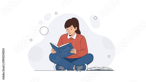 Young Woman Reading Book Sitting Cross-legged