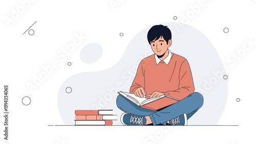 Young Man Studying Books, Writing Notes, Focused Learning, Education Concept