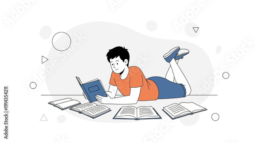 Boy Reading Books Lying Down on Floor, Knowledge, Education, Study