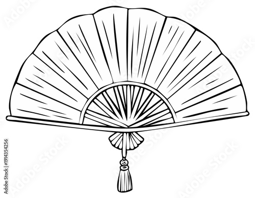 Elegant Handheld Folding Fan with Decorative Tassel Line Art Illustration