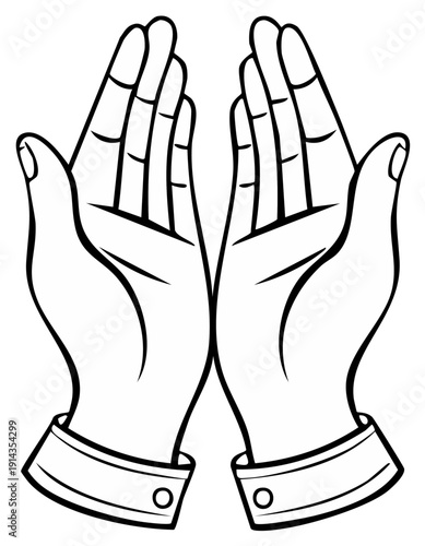 Outline vector illustration of two cupped hands in a gesture of prayer faith or receiving a blessing