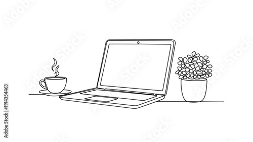 Black Continuous Line Art Laptop, Coffee, and Plant | Vector Illustration