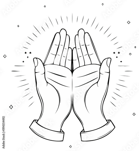 Open Hands Reaching Upward with Radiant Light and Sparkles