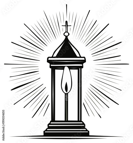 Black and white illustration of a glowing lantern with a cross and radiating light.