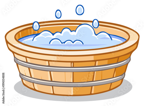 Cartoon illustration of a vintage wooden washtub with soap suds and bubbles for washing