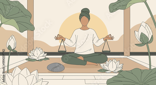 Woman Meditating with Scales of Justice, Lotus Flowers, Zen Balance