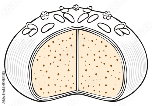 Cross section illustration of a decorative bread roll with nuts and flower accents