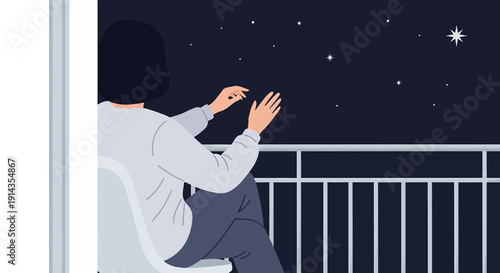 Woman on Balcony Gazing at Starry Night Sky