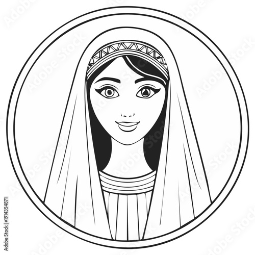 Elegant female portrait in circle frame, wearing traditional head covering