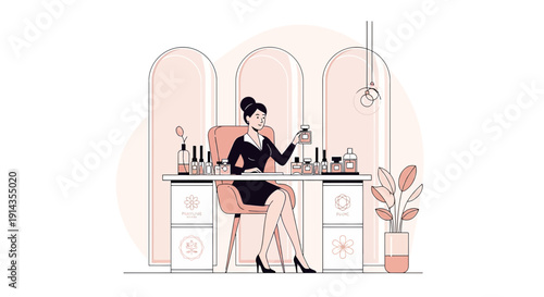 Woman Perfumer Creating Fragrance at Desk with Cosmetics Products