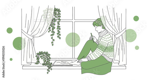 Woman Painting Nails by Window with Hanging Plants