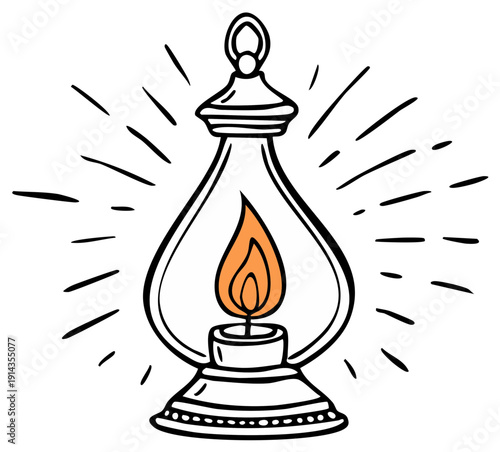 Illuminating antique oil lamp with radiating light rays in a simple line drawing style